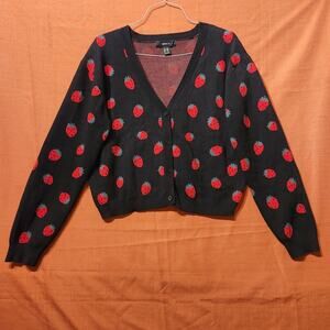 XXL Strawberry All Over Pattern Black Poppy Red Cozy Soft Short Cardigan Sweater